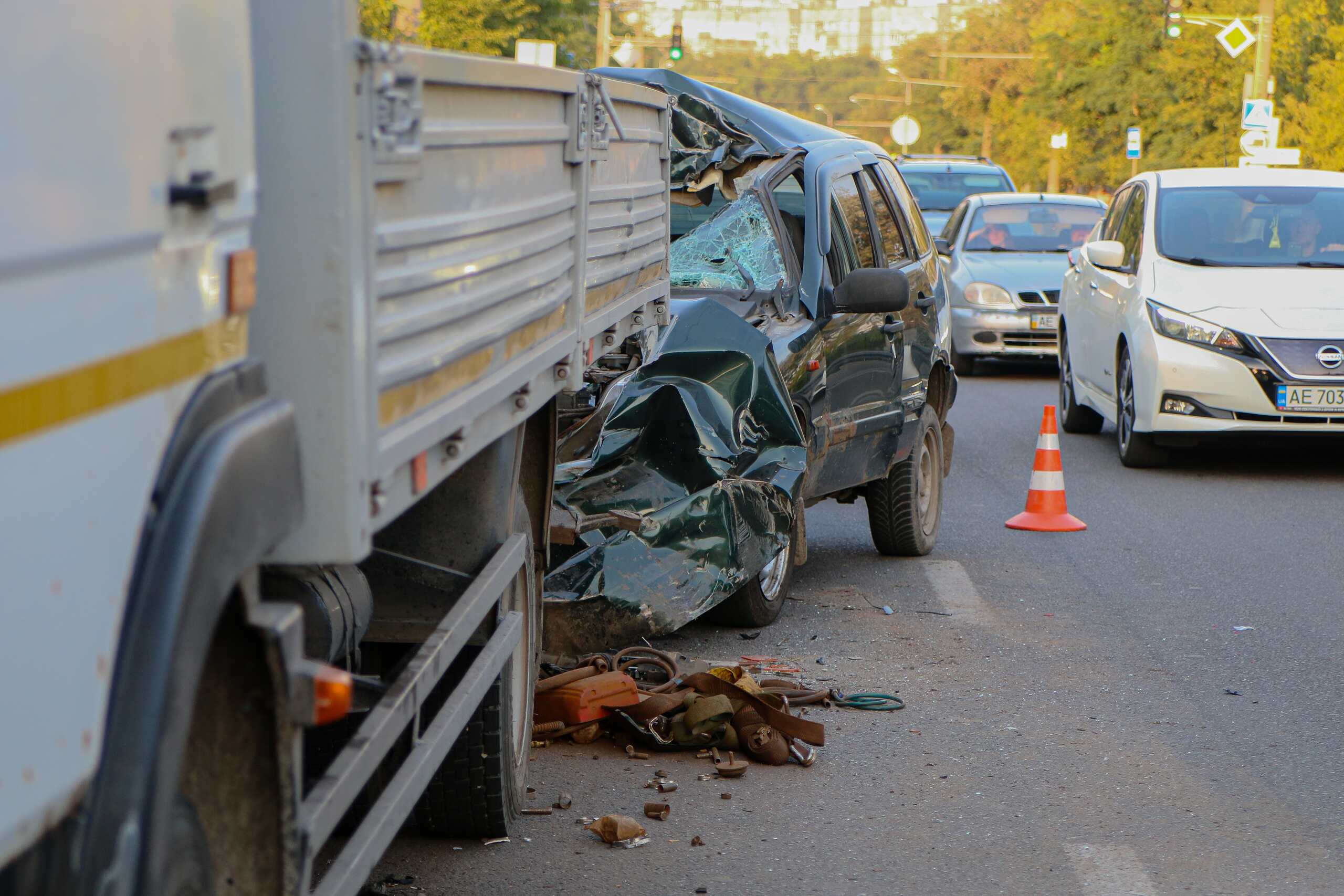 Severe truck accident scene in Detroit showing rear-end collision damage, a common cause of serious truck crashes.